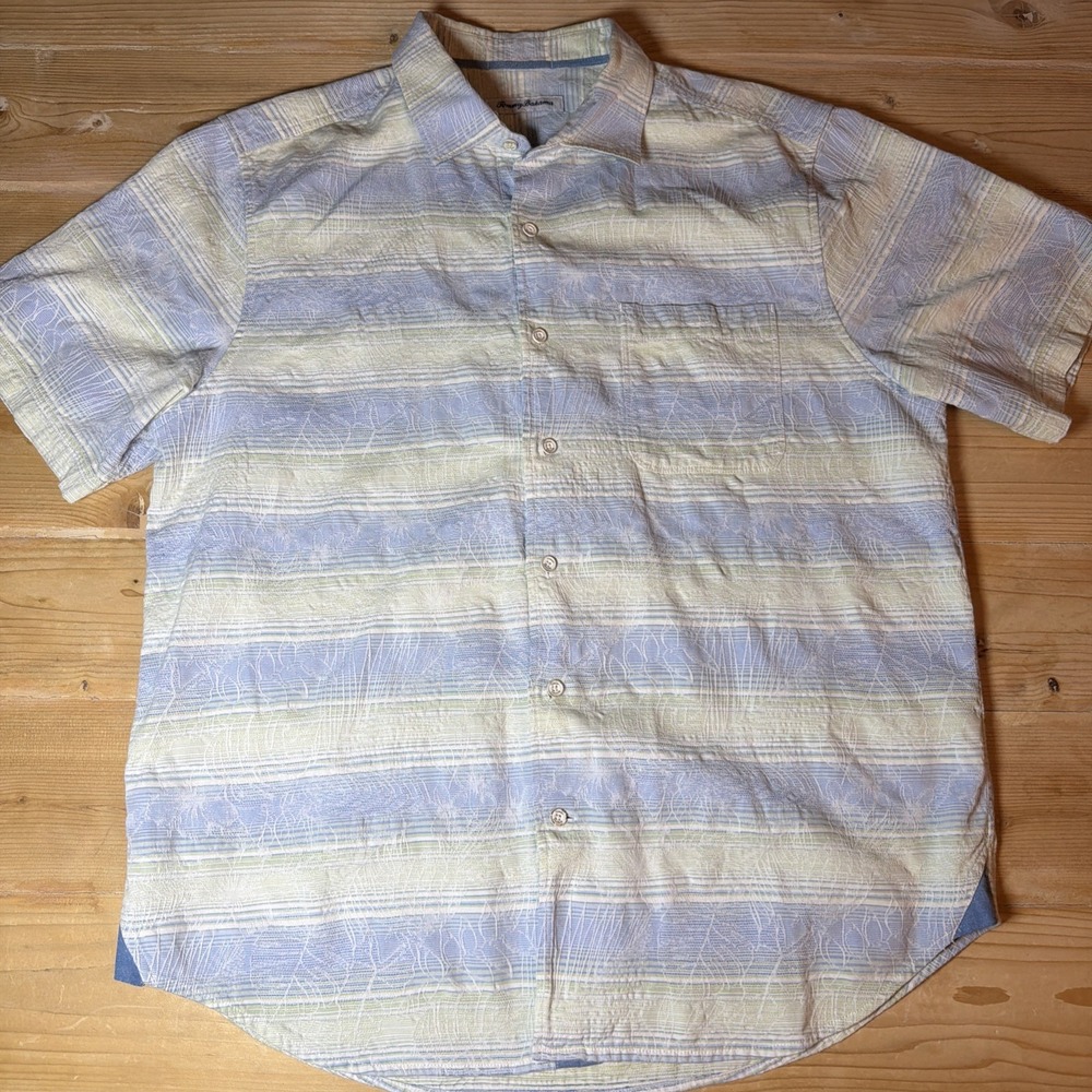 Tommy Bahama Shirt Mens L Large Sardina Striped Cotton Floral Hawaiian Button Up